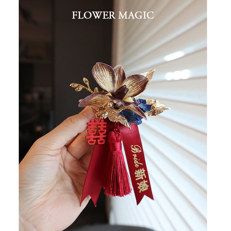 Kézzel készített Phalaenopsis koszorú – klasszikus kínai stílus, dupla boldogság motívummal az esküvőre