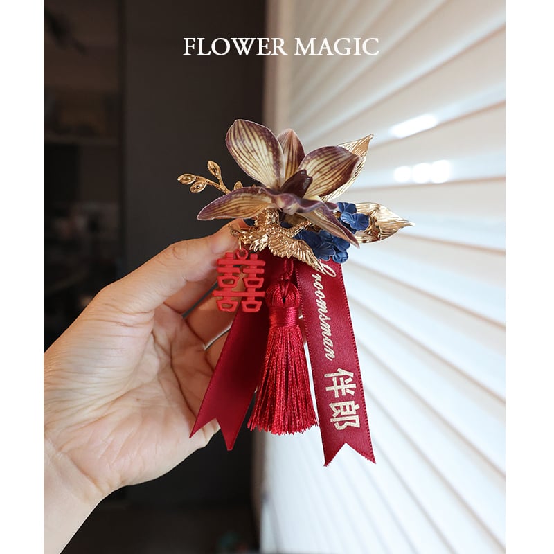 Kézzel készített Phalaenopsis koszorú – klasszikus kínai stílus, dupla boldogság motívummal az esküvőre