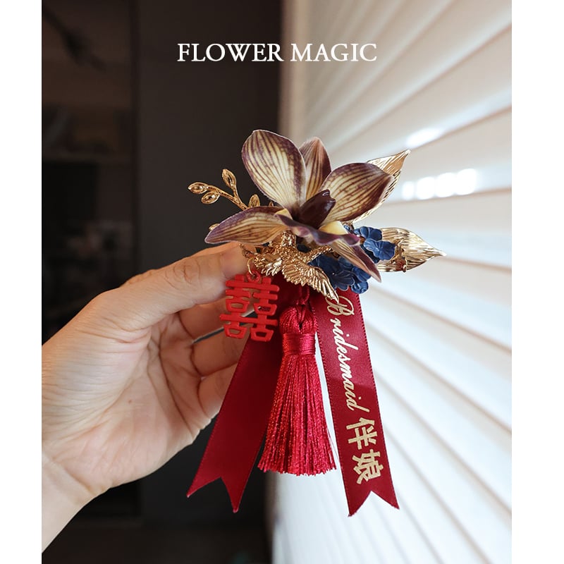 Kézzel készített Phalaenopsis koszorú – klasszikus kínai stílus, dupla boldogság motívummal az esküvőre