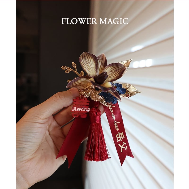 Kézzel készített Phalaenopsis koszorú – klasszikus kínai stílus, dupla boldogság motívummal az esküvőre