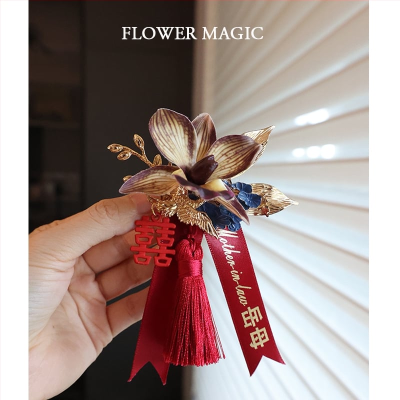 Kézzel készített Phalaenopsis koszorú – klasszikus kínai stílus, dupla boldogság motívummal az esküvőre