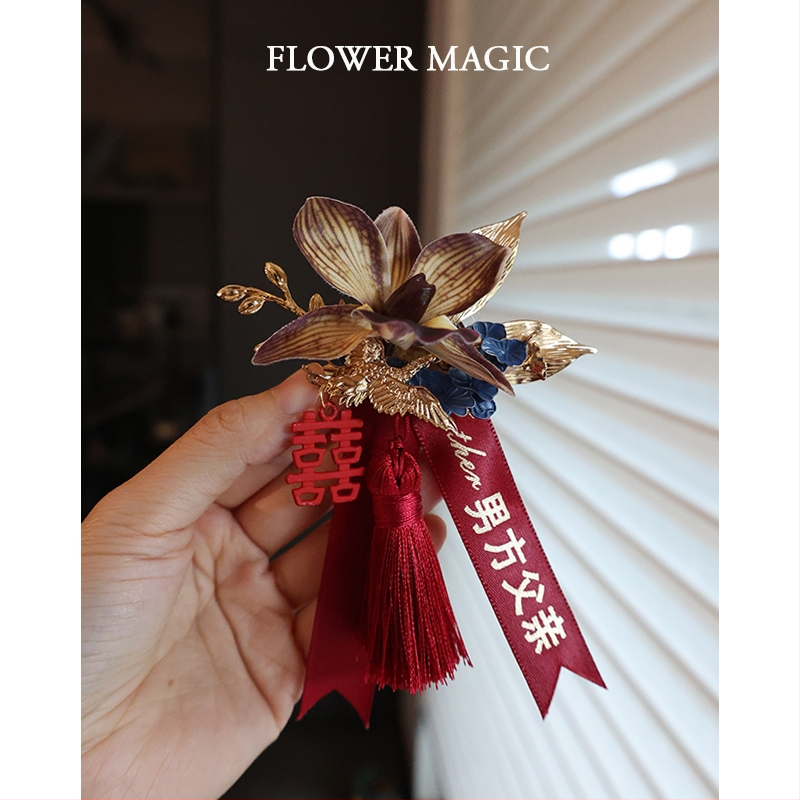 Kézzel készített Phalaenopsis koszorú – klasszikus kínai stílus, dupla boldogság motívummal az esküvőre