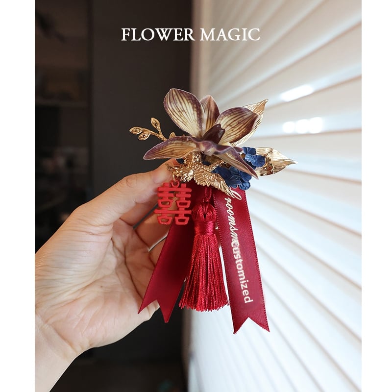 Kézzel készített Phalaenopsis koszorú – klasszikus kínai stílus, dupla boldogság motívummal az esküvőre