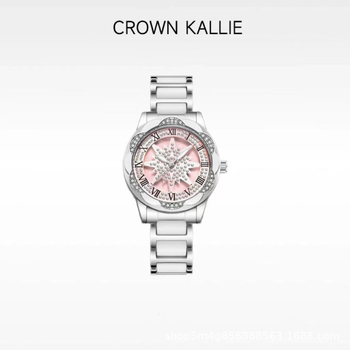 Дамски часовник Crown Kallie – завъртащ се мотив снежинка, серия Gypsophila, напълно автоматичен механизъм, диаметър на циферблата 20 мм, корпус и гривна от неръждаема стомана