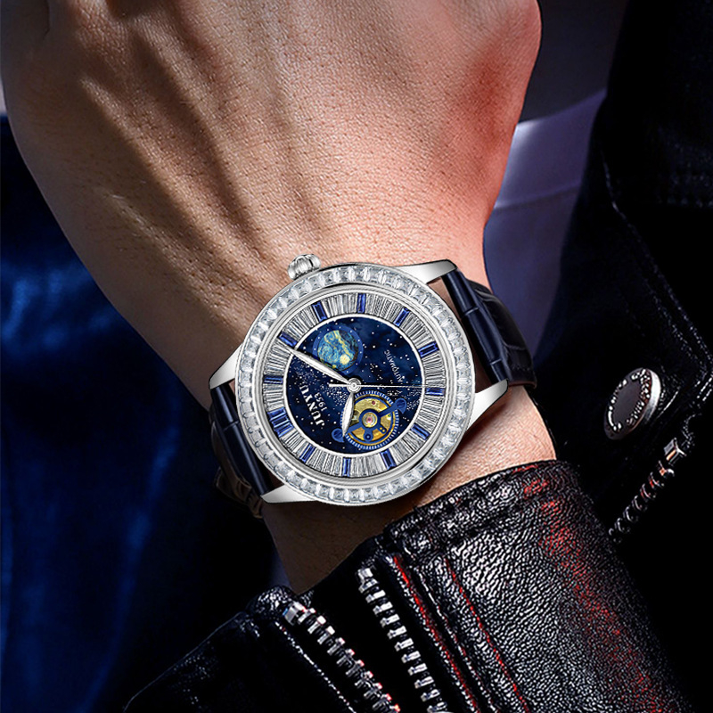 Automata mechanikus óra, 3 mutatóval, mozgás Junyu 3069, vízálló 30M, bőr szíj