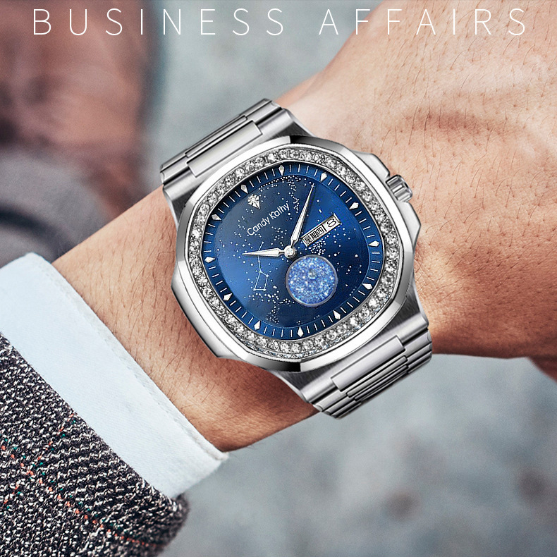 Férfi kvarc karóra – Parrot Spiral Series Big Dipper, 40,5 mm átmérőjű számlap, safír kristály, átlátszó hátsó tok, csavaros korona, vékony acél szíj