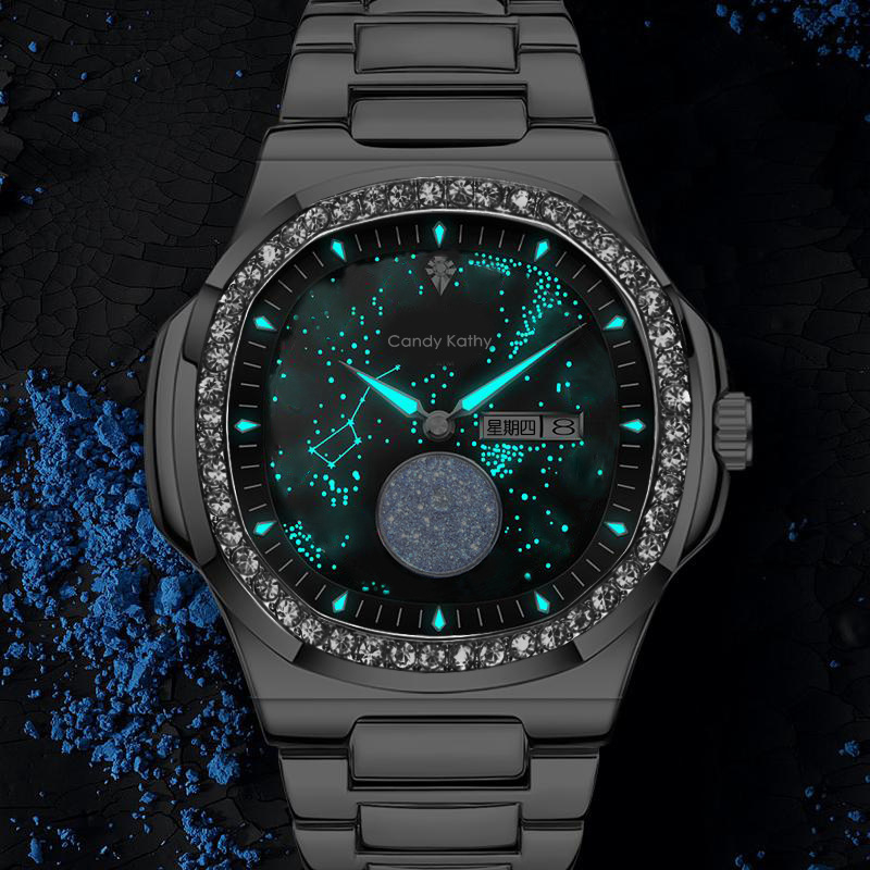 Férfi kvarc karóra – Parrot Spiral Series Big Dipper, 40,5 mm átmérőjű számlap, safír kristály, átlátszó hátsó tok, csavaros korona, vékony acél szíj