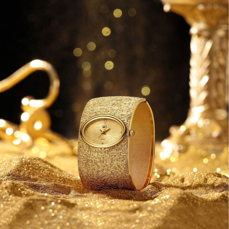 Ceas-brățară pentru femei, textură de scoarță, cuarț, carcasă din aliaj de zinc, curea din aliaj, închidere tip cataramă de bijuterii