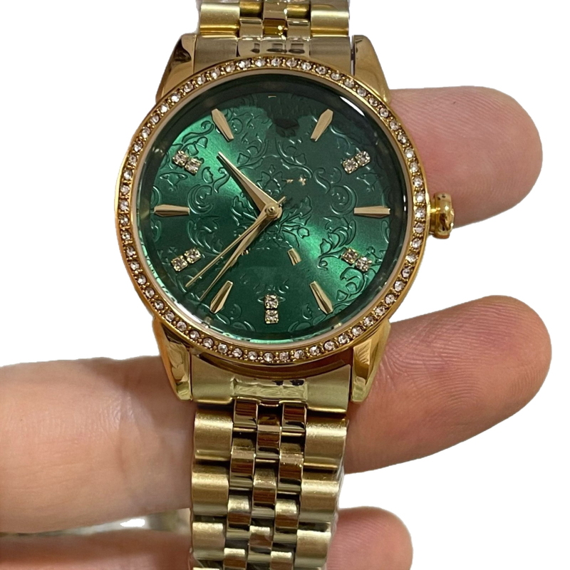 Ceas feminin cu diamante și cuarț, Mișcare elvețiană, carcasă și curea din oțel inoxidabil, cristal safir, funcție calendar