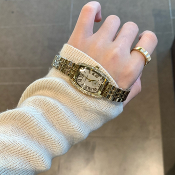 Ceas de damă cu carcasă în formă de baril, cuarț, cu diamante, afișaj analog, rezistență la apă 30m, carcasă din aliaj