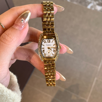 Ceas de damă cu carcasă în formă de baril, cuarț, cu diamante, afișaj analog, rezistență la apă 30m, carcasă din aliaj