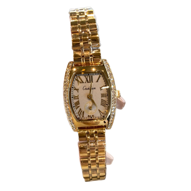 Ceas de damă cu carcasă în formă de baril, cuarț, cu diamante, afișaj analog, rezistență la apă 30m, carcasă din aliaj