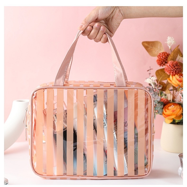 Kozmetikai táska utazáshoz, vízálló, ultra könnyű, nagy kapacitású, csíkos PVC belsővel, antibakteriális
