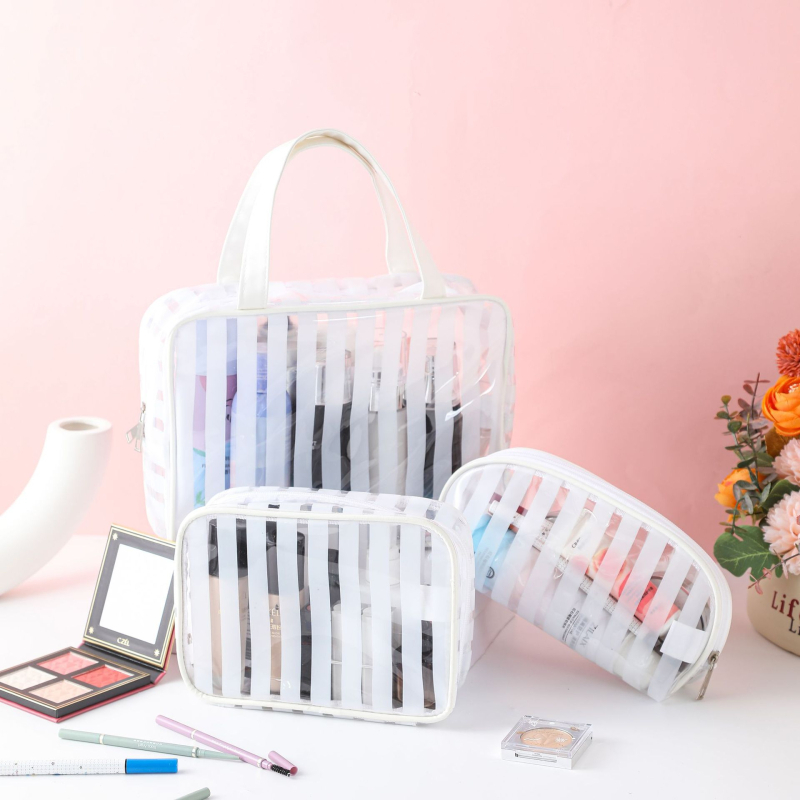 Kozmetikai táska utazáshoz, vízálló, ultra könnyű, nagy kapacitású, csíkos PVC belsővel, antibakteriális