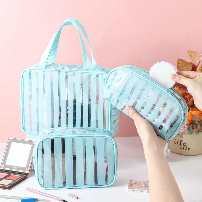 Kozmetikai táska utazáshoz, vízálló, ultra könnyű, nagy kapacitású, csíkos PVC belsővel, antibakteriális