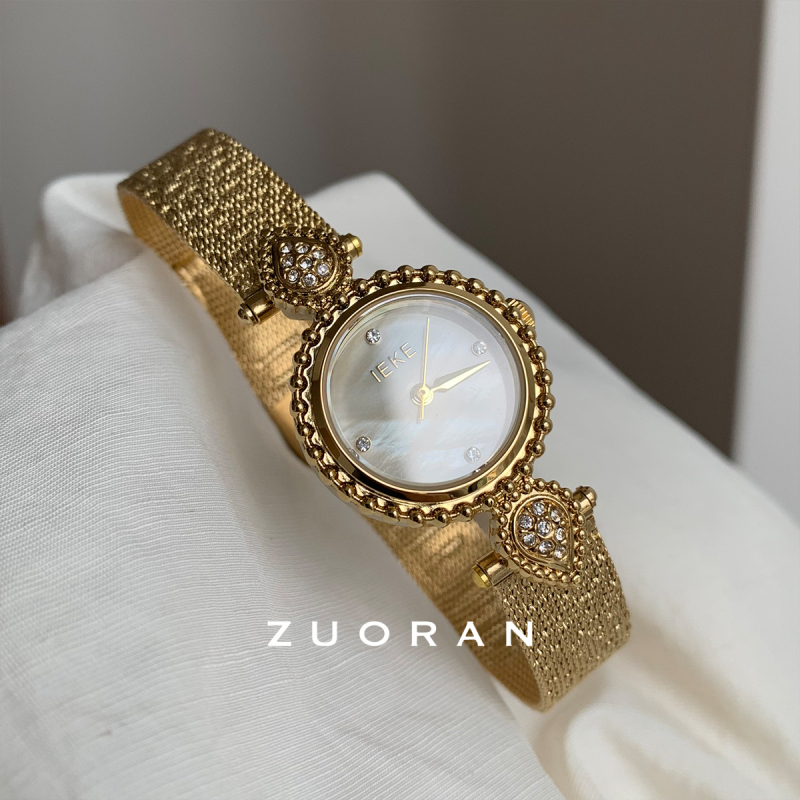 Női karóra perlamutros számlappal és gyémántokkal, retro palota stílus, kvarc mechanizmus, ötvözet tokkal, acél szíj, 30 m vízállóság