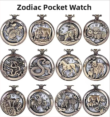 Retro kabatas pulkstenis ar flip dizainu, divpadsmit zodiaka zīmes, kvarts mehānisms SL68, sakausējuma korpuss, organiskā stikla kristāls