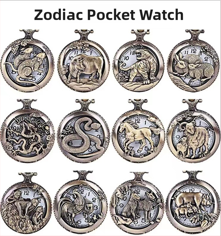 Retro kabatas pulkstenis ar flip dizainu, divpadsmit zodiaka zīmes, kvarts mehānisms SL68, sakausējuma korpuss, organiskā stikla kristāls