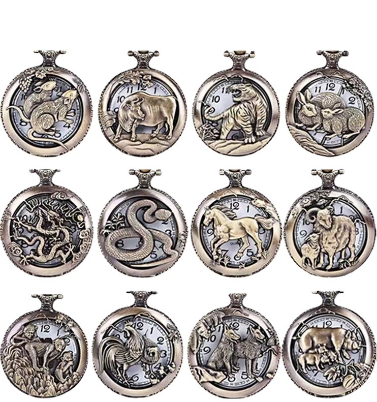 Retro kabatas pulkstenis ar flip dizainu, divpadsmit zodiaka zīmes, kvarts mehānisms SL68, sakausējuma korpuss, organiskā stikla kristāls