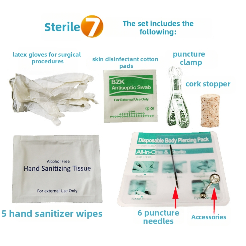 Vienreizējās lietošanas sterils pīrsinga instrumentu komplekts — metāls, ģeometrisks dizains ar akmeņiem; universāls, atsevišķs iepakojums, pielāgošana pieejama