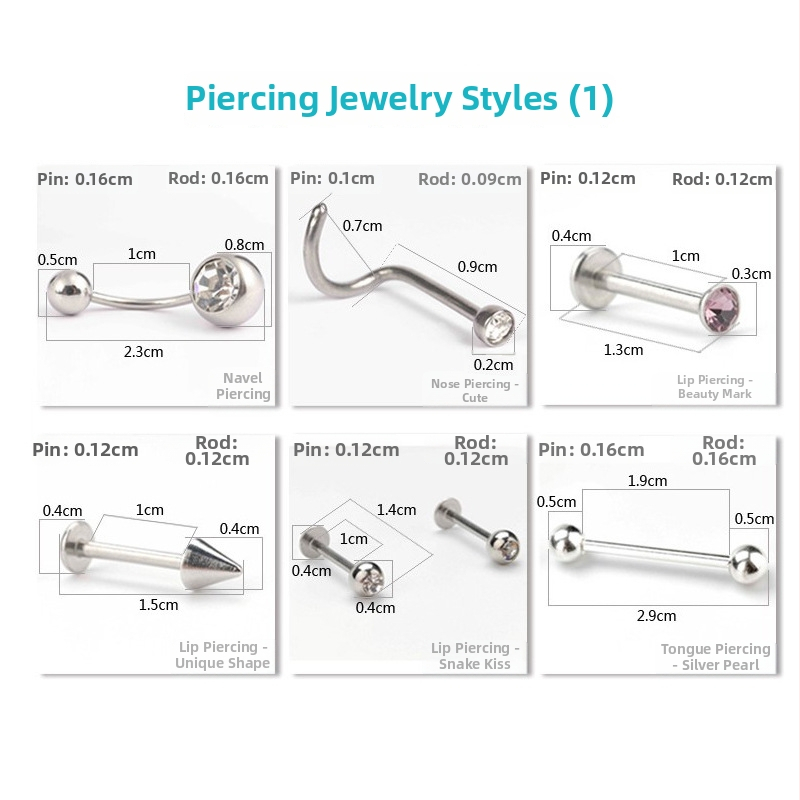 Vienreizējās lietošanas sterils pīrsinga instrumentu komplekts — metāls, ģeometrisks dizains ar akmeņiem; universāls, atsevišķs iepakojums, pielāgošana pieejama