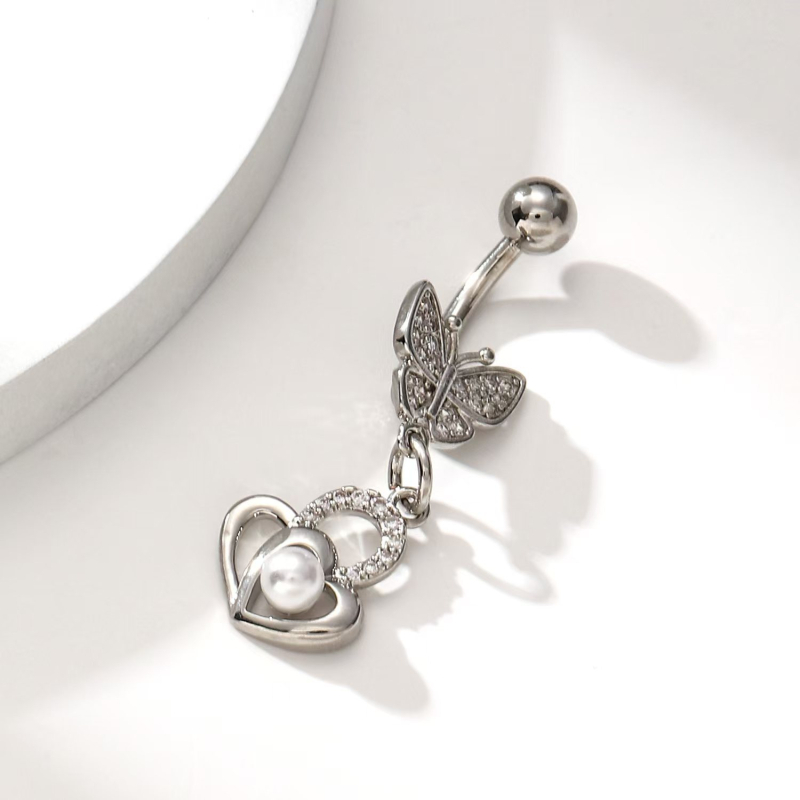 Pilvo mygtuko žiedas su širdies dizainu, deimantinis apdirbimas, varis, kristalas, Tinker Bell Fairy serija