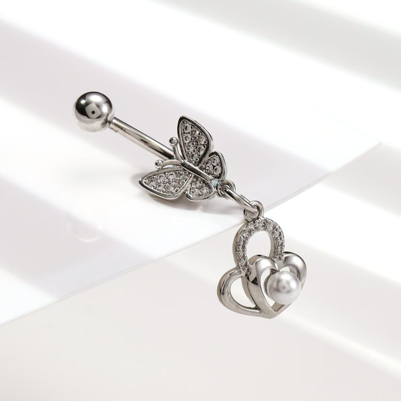 Pilvo mygtuko žiedas su širdies dizainu, deimantinis apdirbimas, varis, kristalas, Tinker Bell Fairy serija