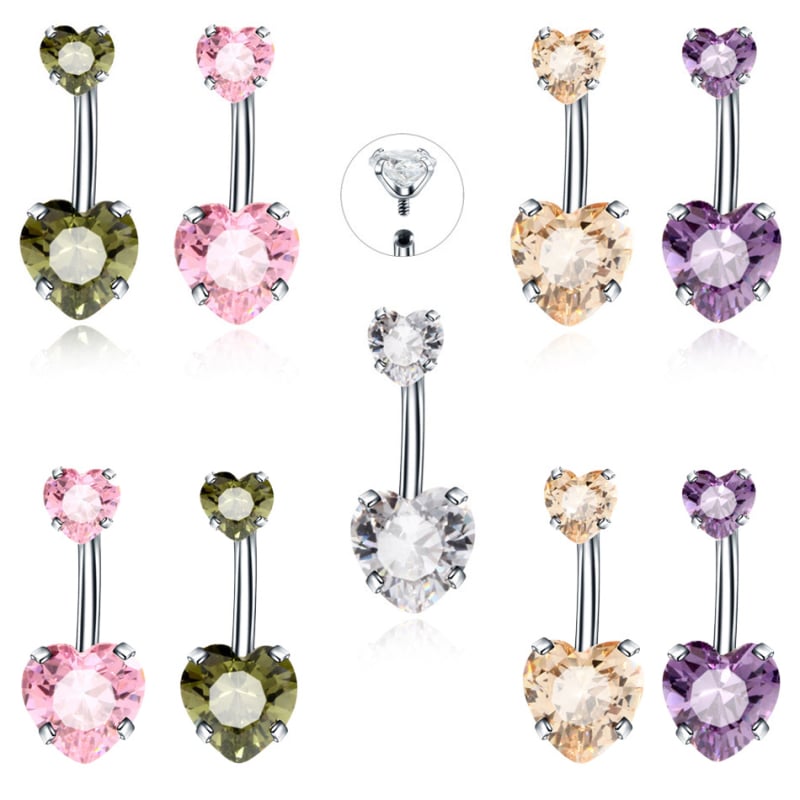 Δαχτυλίδι ομφαλού από κράμα τιτανίου G23, καρδιά σε σχήμα με τέσσερα δόντια, λευκό κρύσταλλο, διαμάντια σε ένθεση