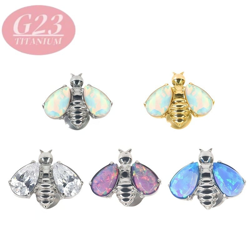 Σκουλαρίκια πιρσίνας για χείλη, εντομοειδές σχήμα, τιτάνιο κράμα, κρύσταλλα Zircon/Obsidian, unisex, γυαλιστερή επιφάνεια.