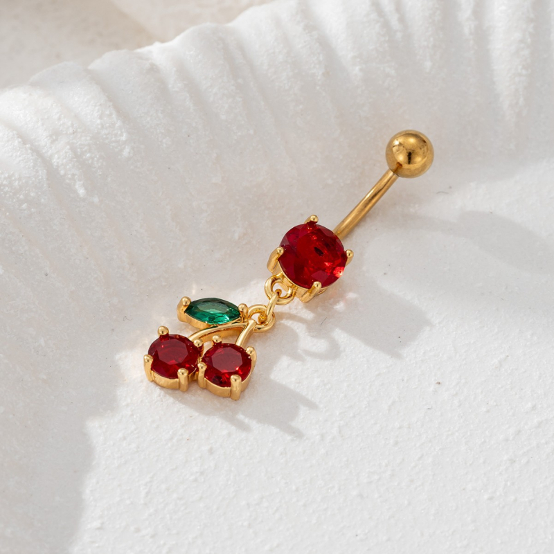 Пъпна халка с цирконова черешова форма, дамски стил, медна сплав, електроплакирана