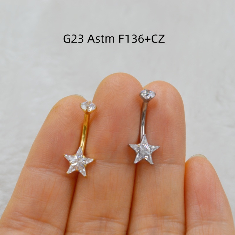 AMIGATINA Titāna sakausējums vēdera pīrsinga gredzens ar zvaigzni un cirkoniju, Universāls