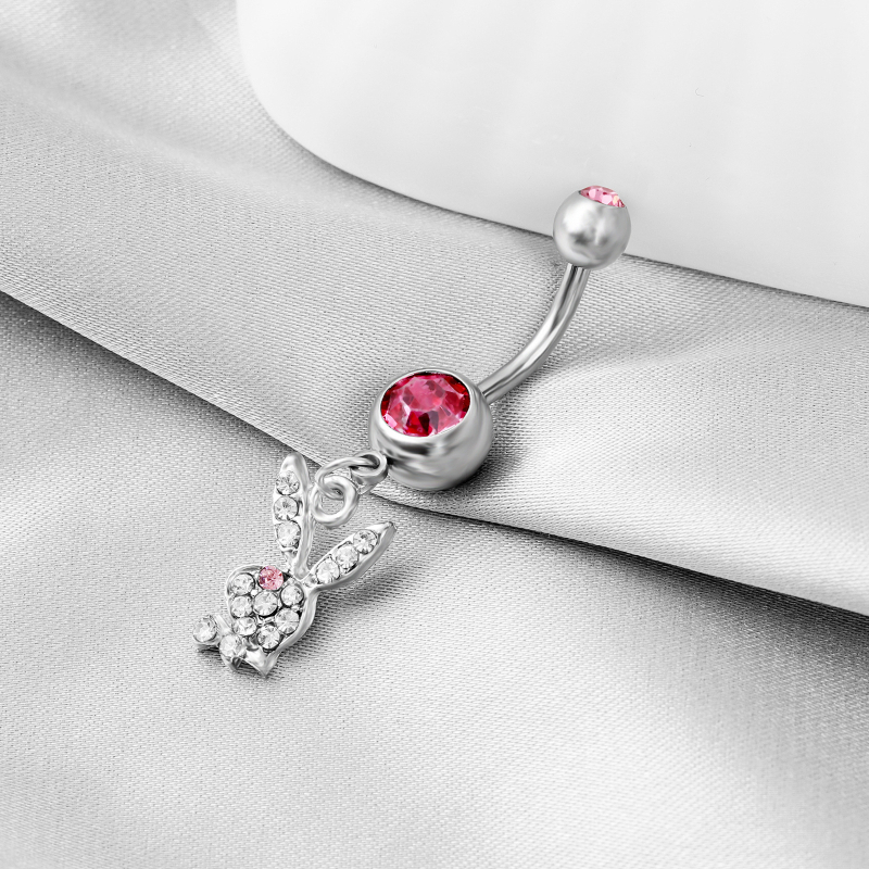 Inel ombilical din oțel inoxidabil, pandantiv iepure cu diamante, pentru femei