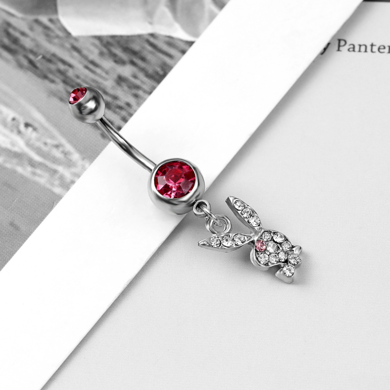 Inel ombilical din oțel inoxidabil, pandantiv iepure cu diamante, pentru femei