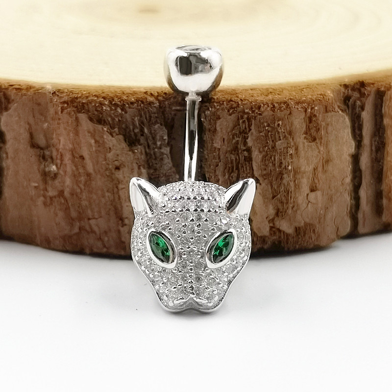 S925 srebrni pupčani prsten s glavom geparda – unisex, stil životinja/zodijak, elektroplating