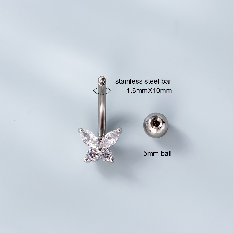 Piercing buric din oțel inoxidabil placat, cu motiv floral și cristale de zirconiu albe