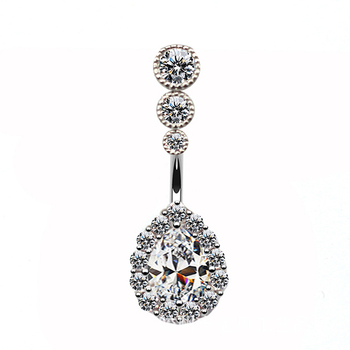 Piercing pupka - prsten pupka u obliku kapljice vode, tri cirkon kamenčića, kapljasti dizajn, unisex, crtani stil, mesing + bijela čelična