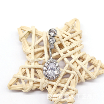 Piercing pupka - prsten pupka u obliku kapljice vode, tri cirkon kamenčića, kapljasti dizajn, unisex, crtani stil, mesing + bijela čelična