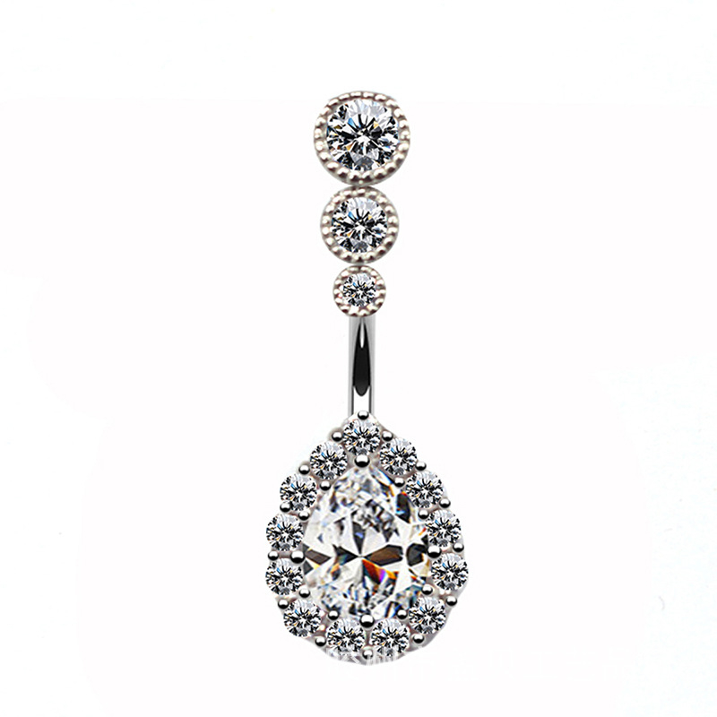 Piercing pupka - prsten pupka u obliku kapljice vode, tri cirkon kamenčića, kapljasti dizajn, unisex, crtani stil, mesing + bijela čelična