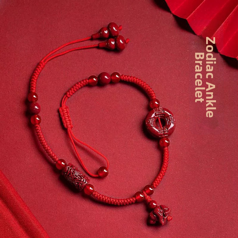 Sieviešu potītes ankla – cinnabar ar 12 zodiaka zīmēm, pīti anklets ar drošu aizdari, pavasaris 2024