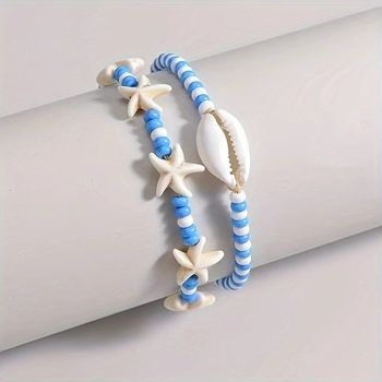 Set de 2 brăţări de gleznă în stil oceanic, cu mărgele din sticlă mini orez, formă scoică, poate fi purtat în straturi
