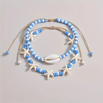 Set de 2 brăţări de gleznă în stil oceanic, cu mărgele din sticlă mini orez, formă scoică, poate fi purtat în straturi