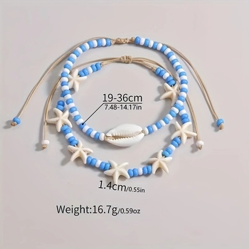 Set de 2 brăţări de gleznă în stil oceanic, cu mărgele din sticlă mini orez, formă scoică, poate fi purtat în straturi