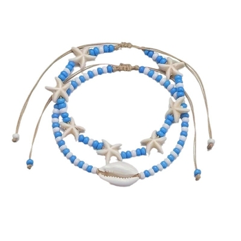 Set de 2 brăţări de gleznă în stil oceanic, cu mărgele din sticlă mini orez, formă scoică, poate fi purtat în straturi