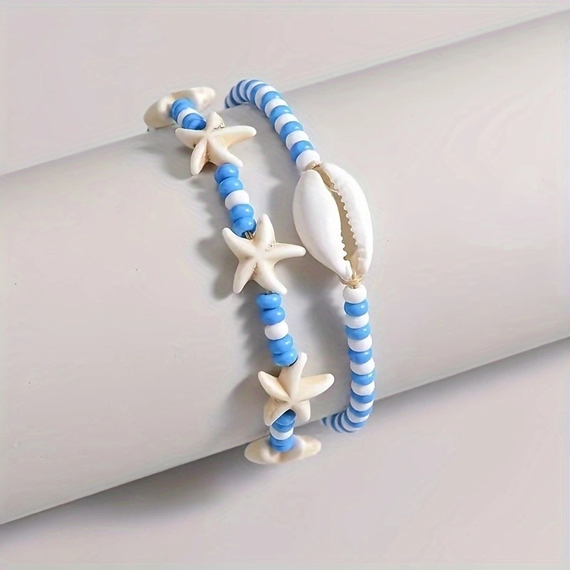 Set de 2 brăţări de gleznă în stil oceanic, cu mărgele din sticlă mini orez, formă scoică, poate fi purtat în straturi
