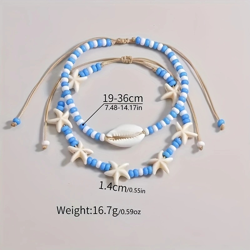 Set de 2 brăţări de gleznă în stil oceanic, cu mărgele din sticlă mini orez, formă scoică, poate fi purtat în straturi