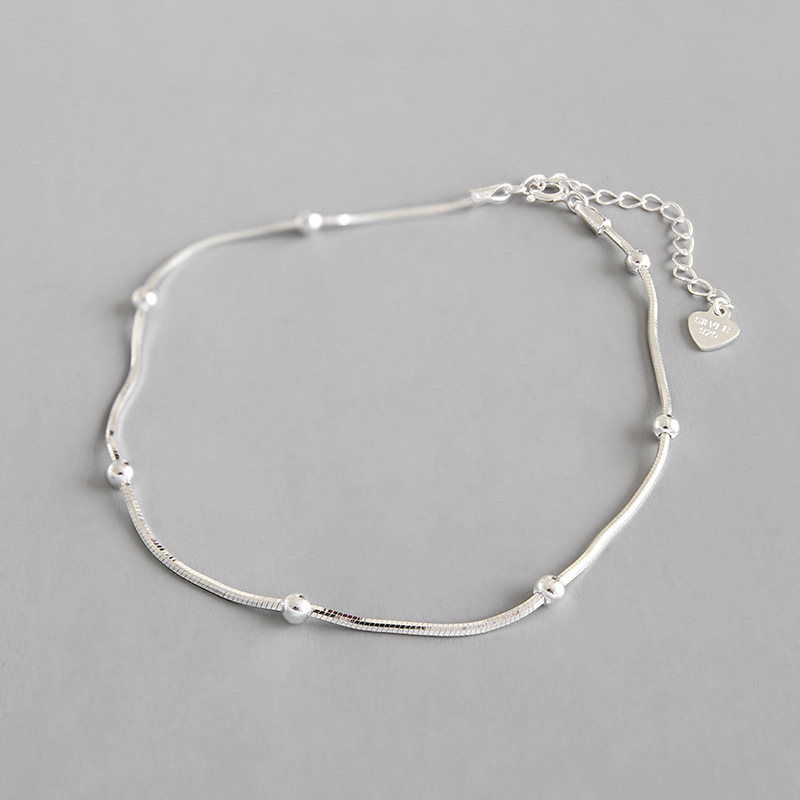 Narukvica za gležanj – S925 sterling srebro – Korejski stil – Okrugle perle – Lanac zmijskog kostiju – Model ST060