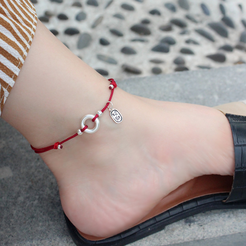Srebrni anklet za gležanj, ručno pleten, geometrijski dizajn, nacionalni stil, ženski nakit za stopala
