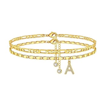 Глезен гривна с двойнослойни букви – дамски меден аксесоар с позлатени изкуствени камъни, висулка