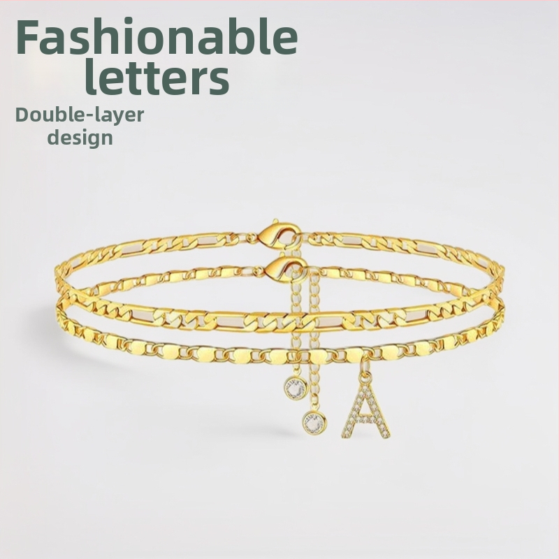 Dvojvrstvový náramok na členok s písmenami – mosadz, s pozlátenými umelými kameňmi, prívesok