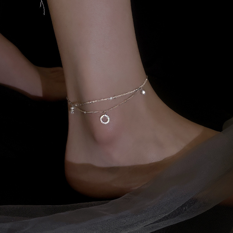 Anklet sa geometrijskim dvostrukim krugom dizajnom (bakar; cirkon ugrađen; šifra JL106)